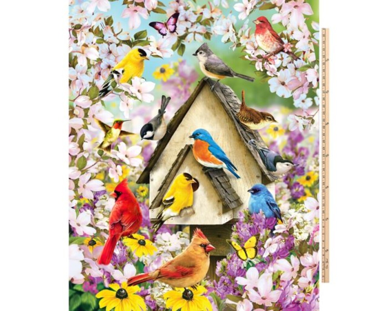 Birds Birdhouse Flowers Digital Cotton Print Fabric Panel | 100% Cotton | Sold By the Panel